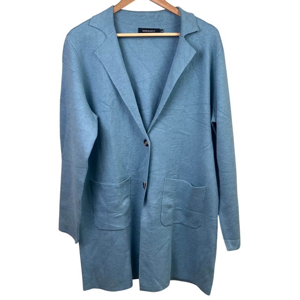 Merokeety Aqua Blue Wool Blend Knit Two Button Cardigan Blazer Large‎